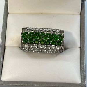 Green & Clear Stones 925 Ring Sz 8